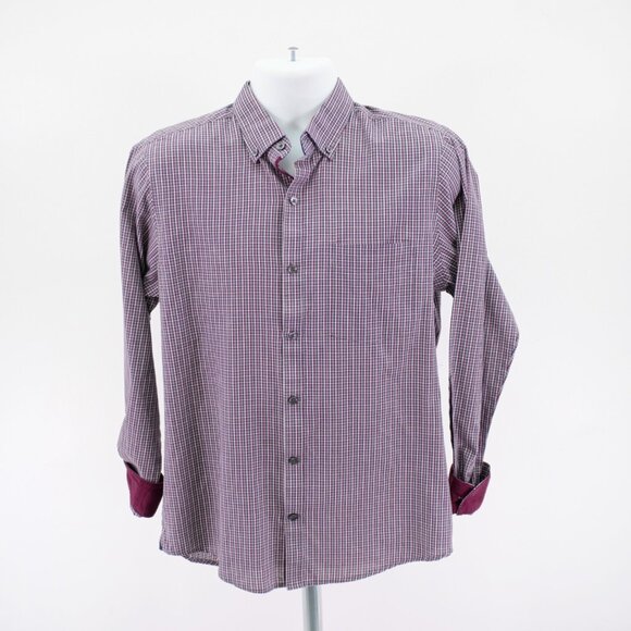 Van Heusen Slim‎ Fit Red Blue Gray Plaid Pocket Button Down Flip Cuff Large Long - Picture 5 of 13
